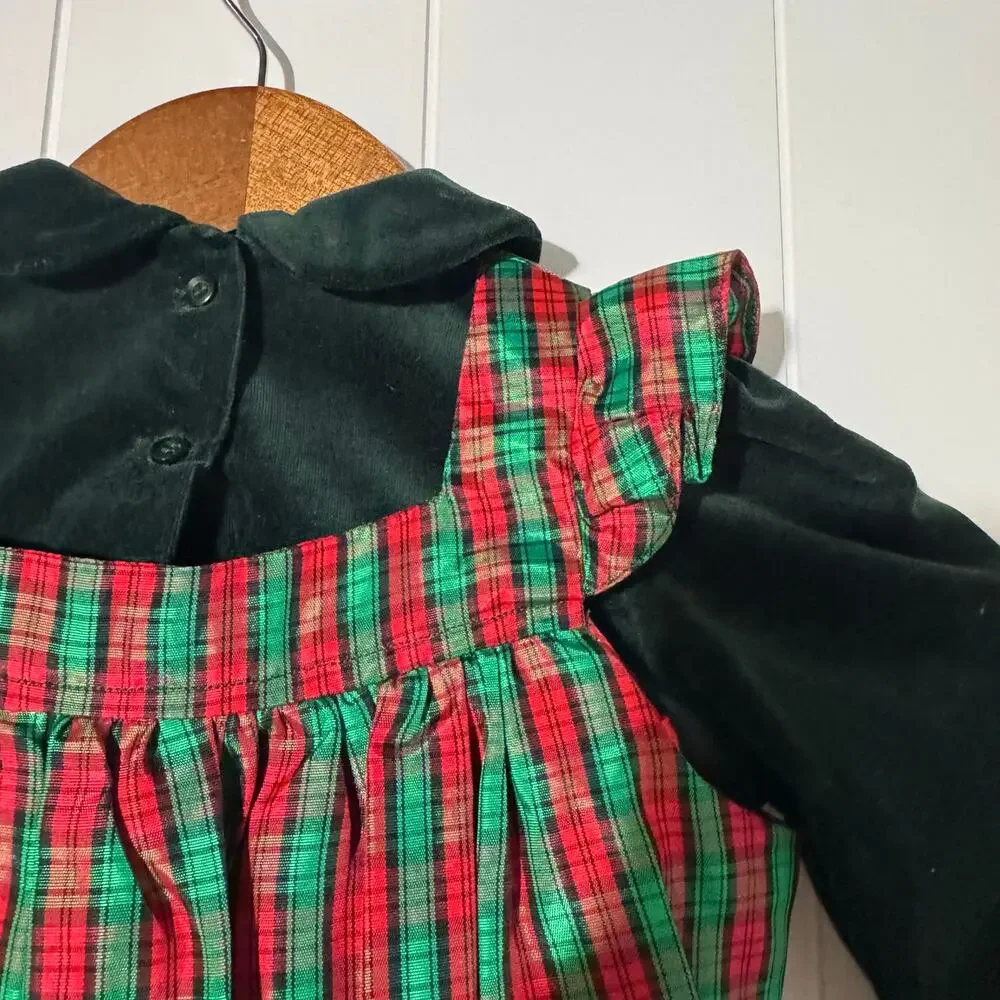 Handmade Girls Christmas Plaid Velvet Dress Red Green Holiday Size 18 Months